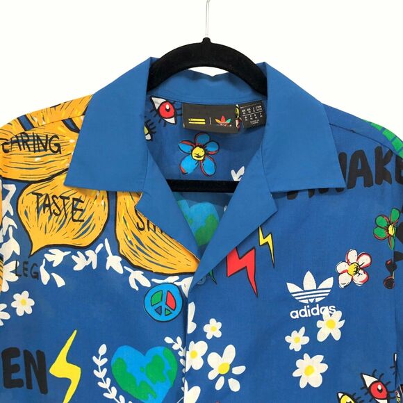Adidas Pharrell Williams Doodle Shirt Mens M Button Up Floral Blue Camp RARE - Picture 4 of 8